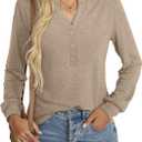 EasyGala Womens V Neck Long Sleeve Shirts Henley Dressy Casual Tops Loose Fit Trendy Tees Fall T Shirts Outfits 2025 (Beige, M)
