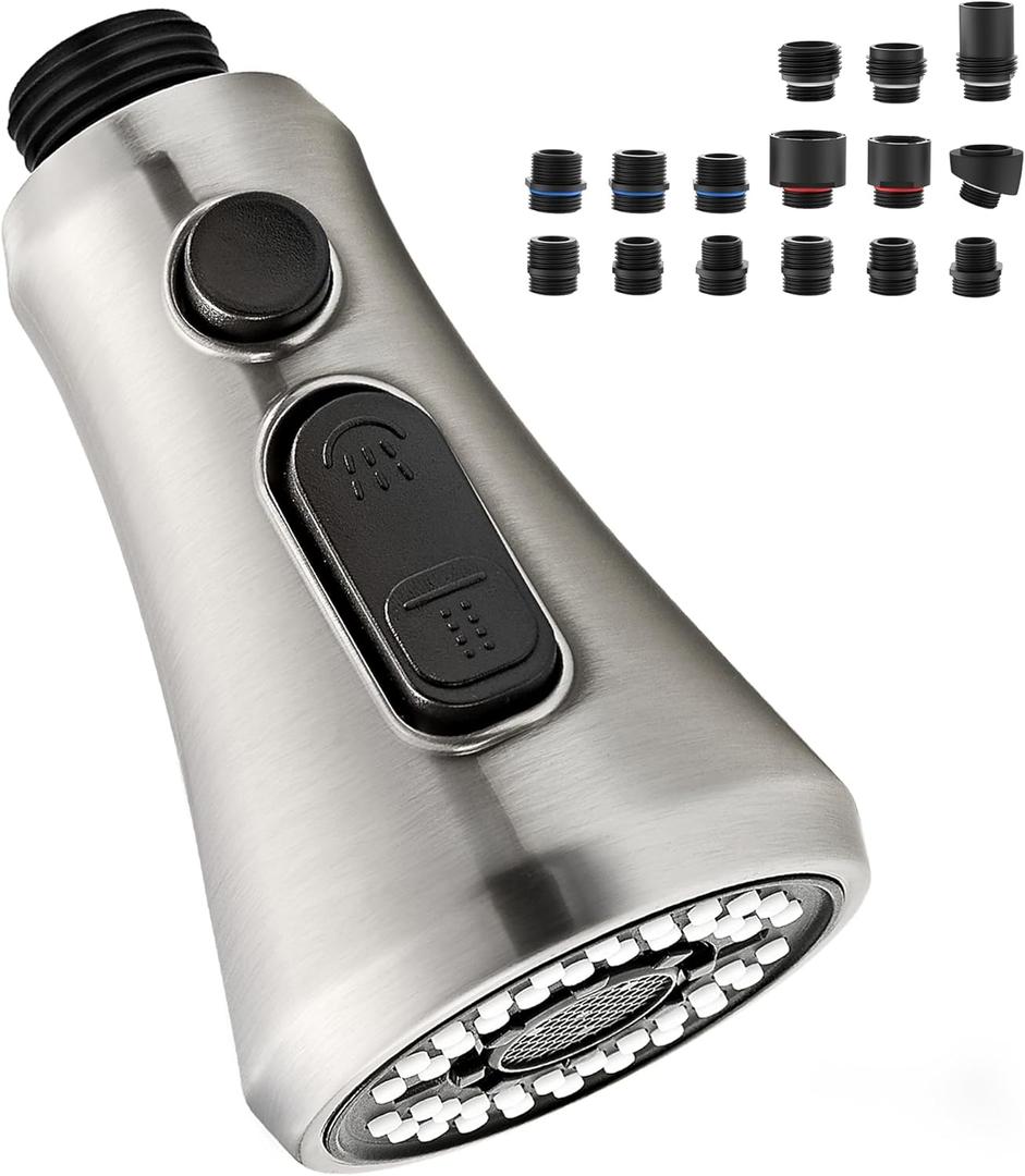 J-HVA Kitchen Faucet Head, Pull Down Kitchen Sink Sprayer Head Replacement for Kitchen Faucet, 3 Functions High Pressure Sink Spray Nozzle, Spray Head with 15 Adapters, Brushed Nickel