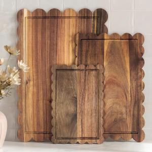 3 Pcs Acacia Wood Scalloped Cutting Board Set, Decorative Cutting Boards Bread Charcuterie Board for Cottagecore Kitchen Grandmillenial Decor Cheese Meat Fruit Bread Chopping Blocks (Classic Style)