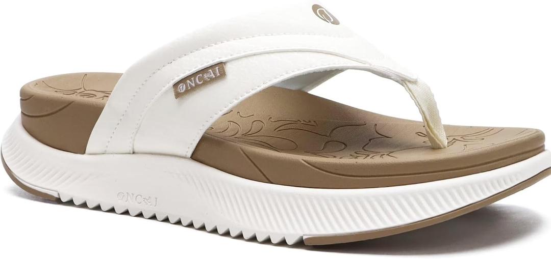 ONCAI Women's Orthotic Cushion Flip Flops Recovery Walking Sandals for Women with Arch Support Summer Comfortable Slip On Flip Flops for Womans Size 6-12 (7, Beige/White)