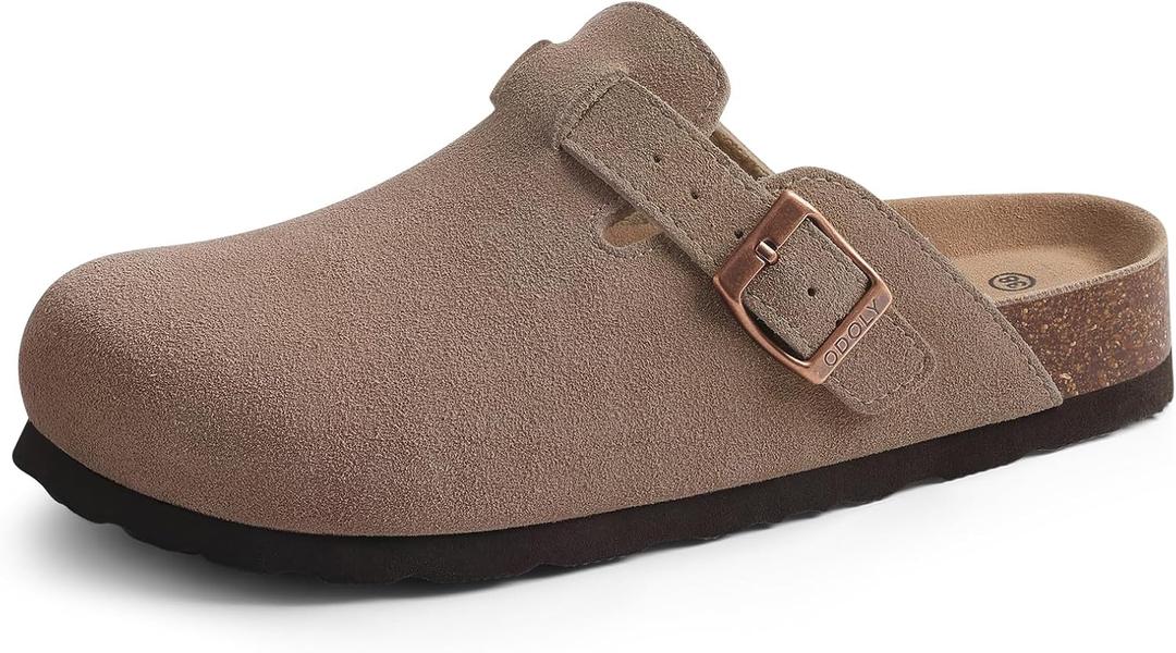 Genuine Suede Clogs for Women Men Soft Cork Footbed Leather Mules Comfort Potato Shoes with Arch Support (11.5-12 Women/10-10.5 Men, Mocha)