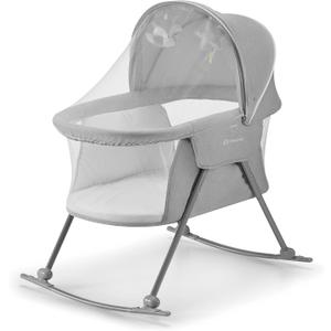 Kinderkraft LOVI Travel Bassinet for Baby, Portable Folding Baby Bed with Built-in Mosquito net, Adjustable Hood and an Additional Cradle Function, Gray, Crib