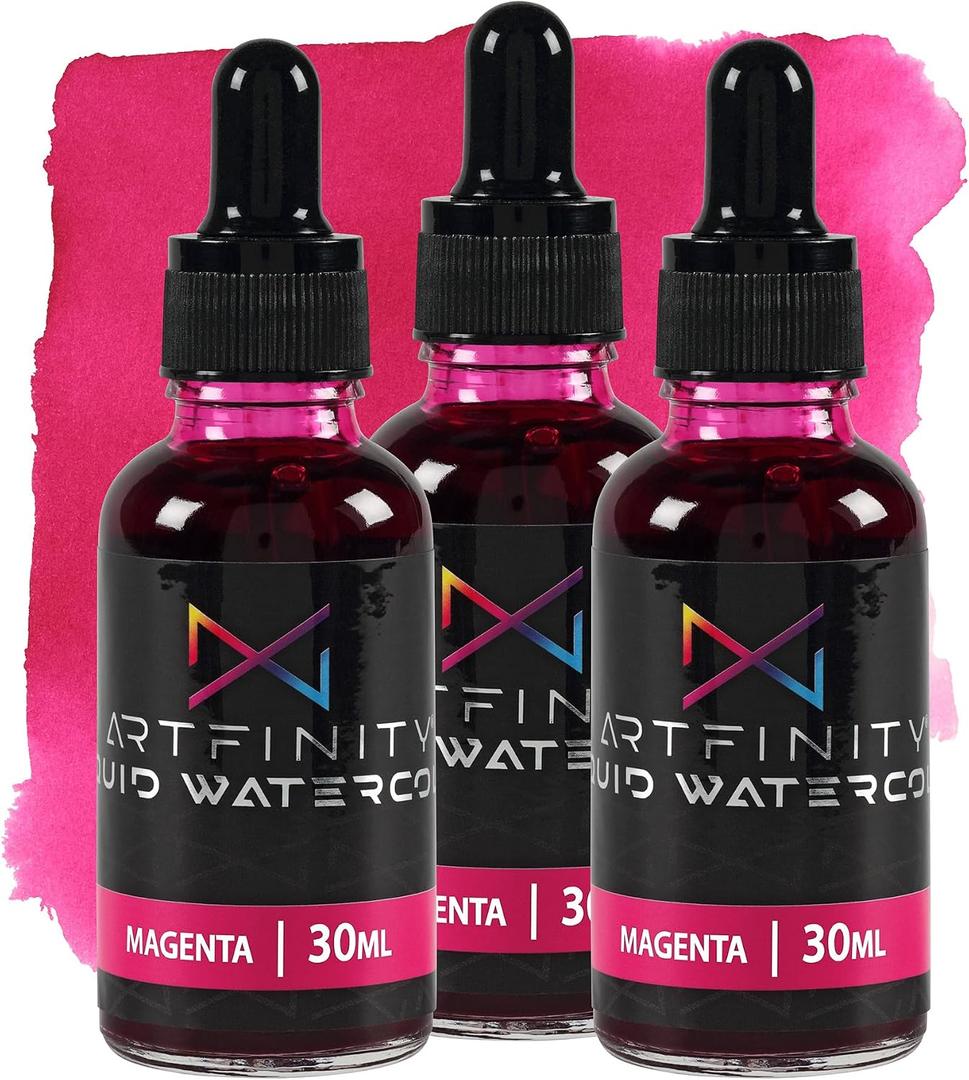 Artfinity Liquid Watercolor Paint 30 ml Bottle - 3 Pack, Magenta - Vibrant Dye-Based Liquid Watercolor w/Glass Pipette, Fast-Drying, Fine Art Paint for Calligraphy, Airbrushing & Traditional Art