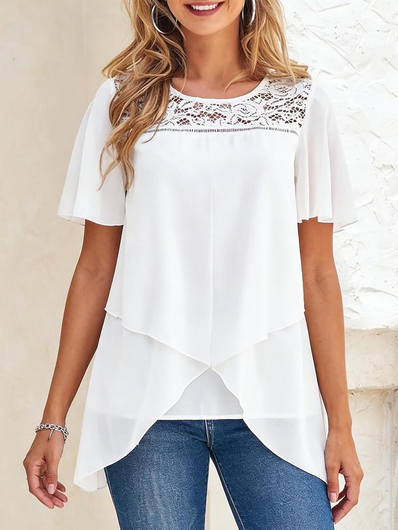 Women's White Lace Neck Short Sleeve Blouse Layered Asymmetric Hem Casual Top (5X-Large)