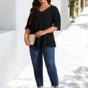 Plus Size Tops for Women 3/4 Lace Sleeve Shirts V Neck Blouses Casual Loose Tunic Tops to Wear with Leggings (Black, XL)