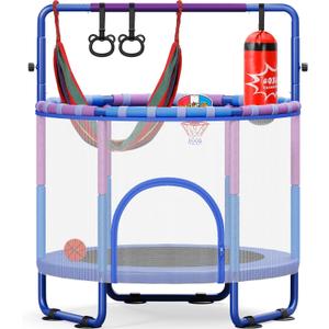 Yohood 55" Trampoline for Kids with Enclosure, 6-in-1 Toddler Trampoline Indoor Outdoor, Upgrade Full Anti-Rust Tube with Adjustable Gymnastics Bars for Boys Girls