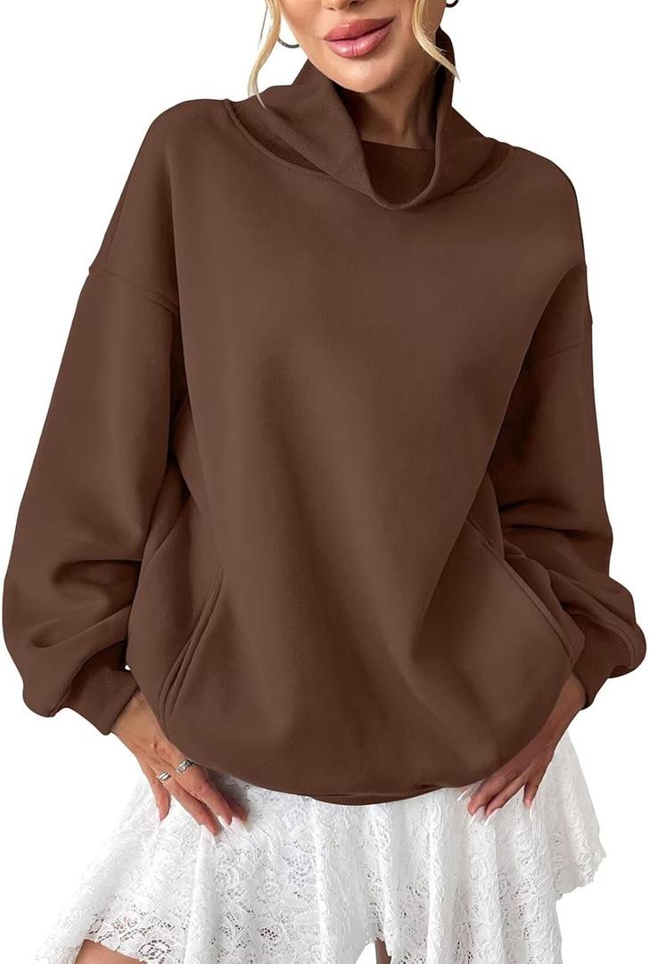 Womens Fleece Sweatshirts with Pockets Oversized Turtleneck Pullover Trendy Long Sleeve Tops Fall Fashion Shirts (Medium, Brown)