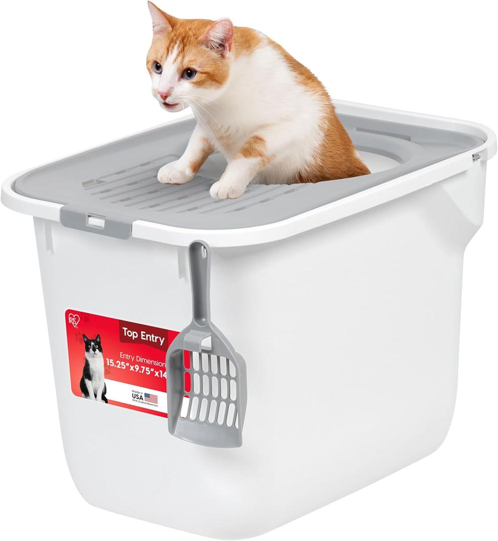IRIS USA Cat Litter Box Large Top Entry with Lid, Enclosed Litter Box with Litter Catching Lid & Scoop, Covered Cat Litter Box Enclosure for Privacy, High Sided, White/Gray