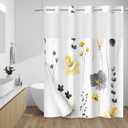 WITHLOC No Hook Shower Curtain with Snap in Liner - Floral Shower Curtain - Fabric Waterproof Inner Liner, Plants Watercolor Yellow Gray Modern Cloth Shower Curtains - Machine Washable, 71 x 77