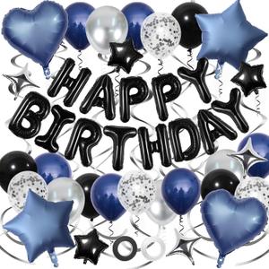Navy Blue Birthday Decorations, 3D Foil Black Happy Birthday Balloon Banner with Star and Heart Balloons, Confetti Balloons, Hanging Swirls, for Boys Girls Men Women Party Decorations