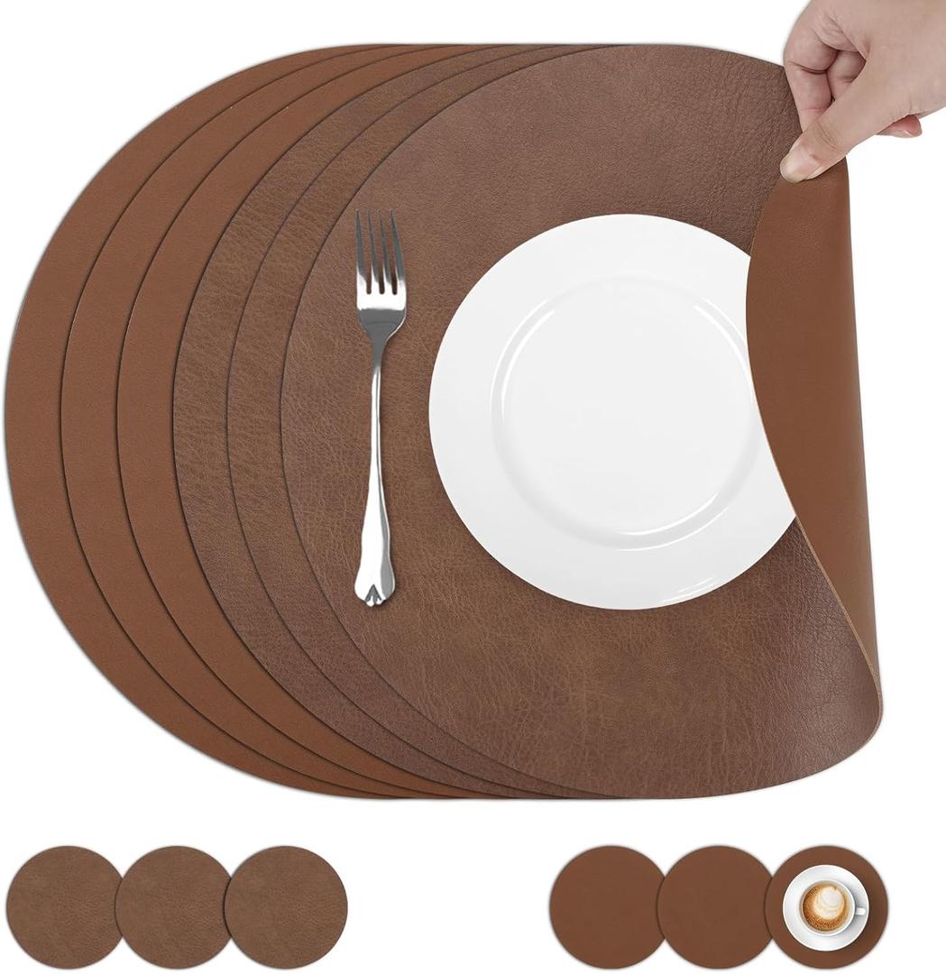 comfoyar Faux Leather Round Placemats with Coasters Set of 6, 13x13 Inch Non-Slip Heat Resistant Dual-Sided Brown Place Mats, Waterproof Table Mats for Kitchen Dining Party Table Decoration
