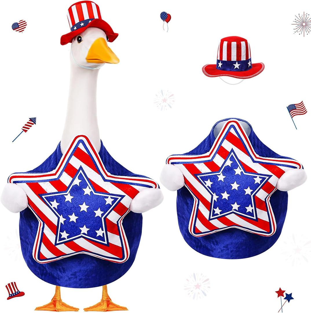 4th of July Porch Goose Outfit for 23" 250th Anniversary Patriotic Stars Goose Costume Memorial Independence Day Geese Clothes for Lawn Patio Yard Outdoor Garden Decoration