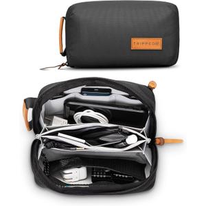 Tech Bag Organizer - Small Electronics Organizer Pouch for Travel - Premium Travel Case with Leather Accents - Mesh Pocket for Cables, Cords and Chargers (Black)