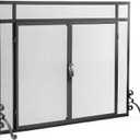 Plow & Hearth Metal Fireplace Screen Mesh Black | 44" W x 33" H | Dual Magnetic Hinged Doors | Spark Guard Cover | Stand Alone Wrought Iron Panel Fire Place Cover