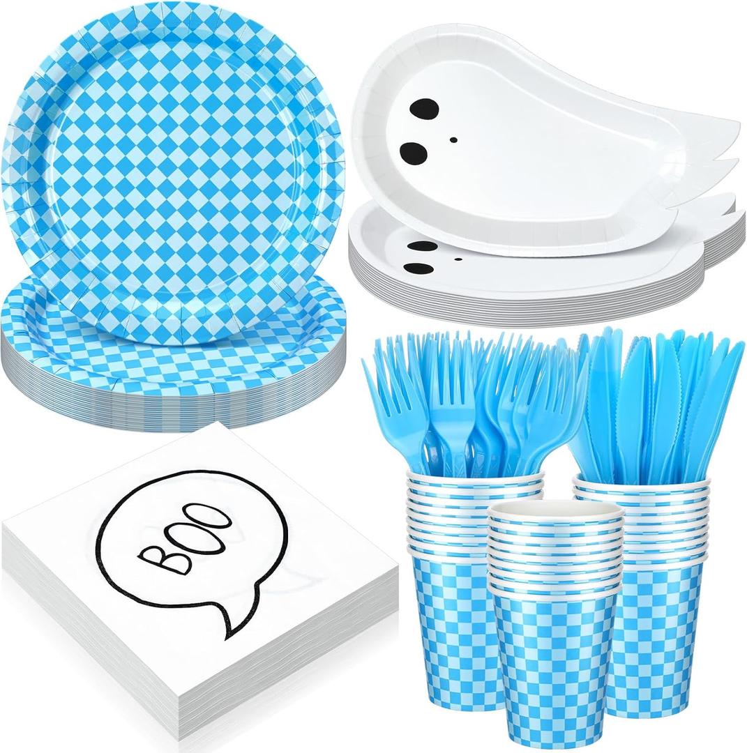 Yungyan 144 Pcs/24 Set Halloween Paper Plates and Napkins Boo Ghost Plates Blue Cups with Forks and Knife Halloween Party Tableware Set for Spooky Birthday Party Decoration Boo Baby Shower