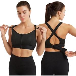 Women Zip Front Sports Bra Racerback Tank Top Wireless Paded Yoga Workout Running Bras (Large, Black-adjustable)