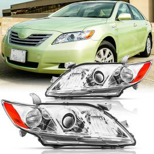 Headlights Assembly Pair for 2007 2008 2009 Toyota Camry CE LE XLE SE Base US Version Headlamps Head Lights Replacement Driver and Passenger Side,Chrome Housing Amber Reflector