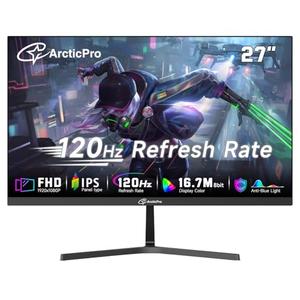 ArcticPro 27 inch Monitor 120Hz, FHD 1080p, Computer Monitor, IPS, 99% sRGB, 1ms Response Time, 3-Sided Frameless, Ultra Slim, VESA Mountable, Anti-Blue Light Design, HDMI & VGA Ports,Black