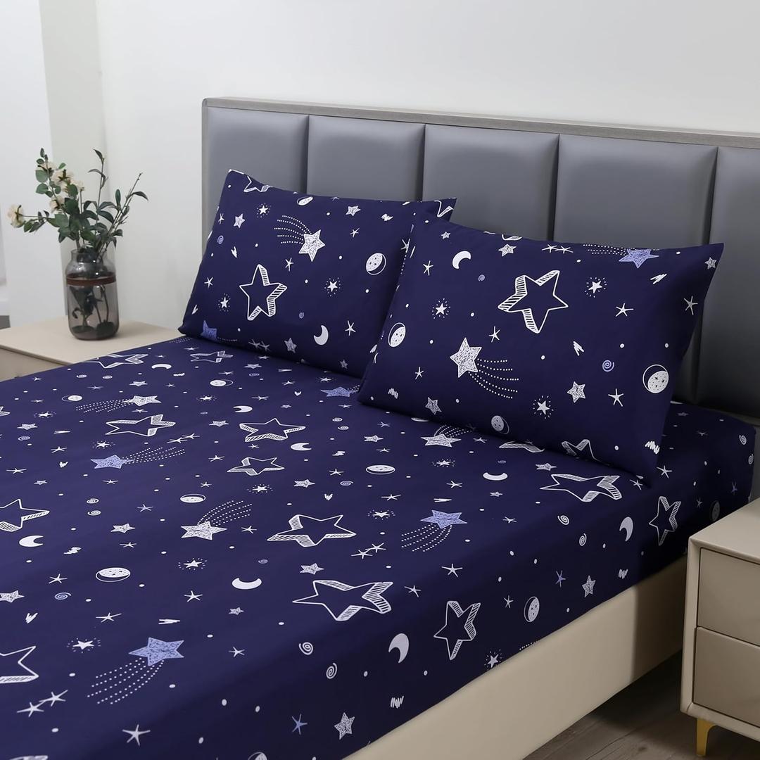 MAG 3pcs Purple Star Twin Bed Sheet,Space Microfiber Bedding Sheet Set,Galaxy Bed Sheets,Space Bedding Set with1 Fitted Sheet and 2 Pillowcases,14 Inches Deep (Purple and White,Twin)
