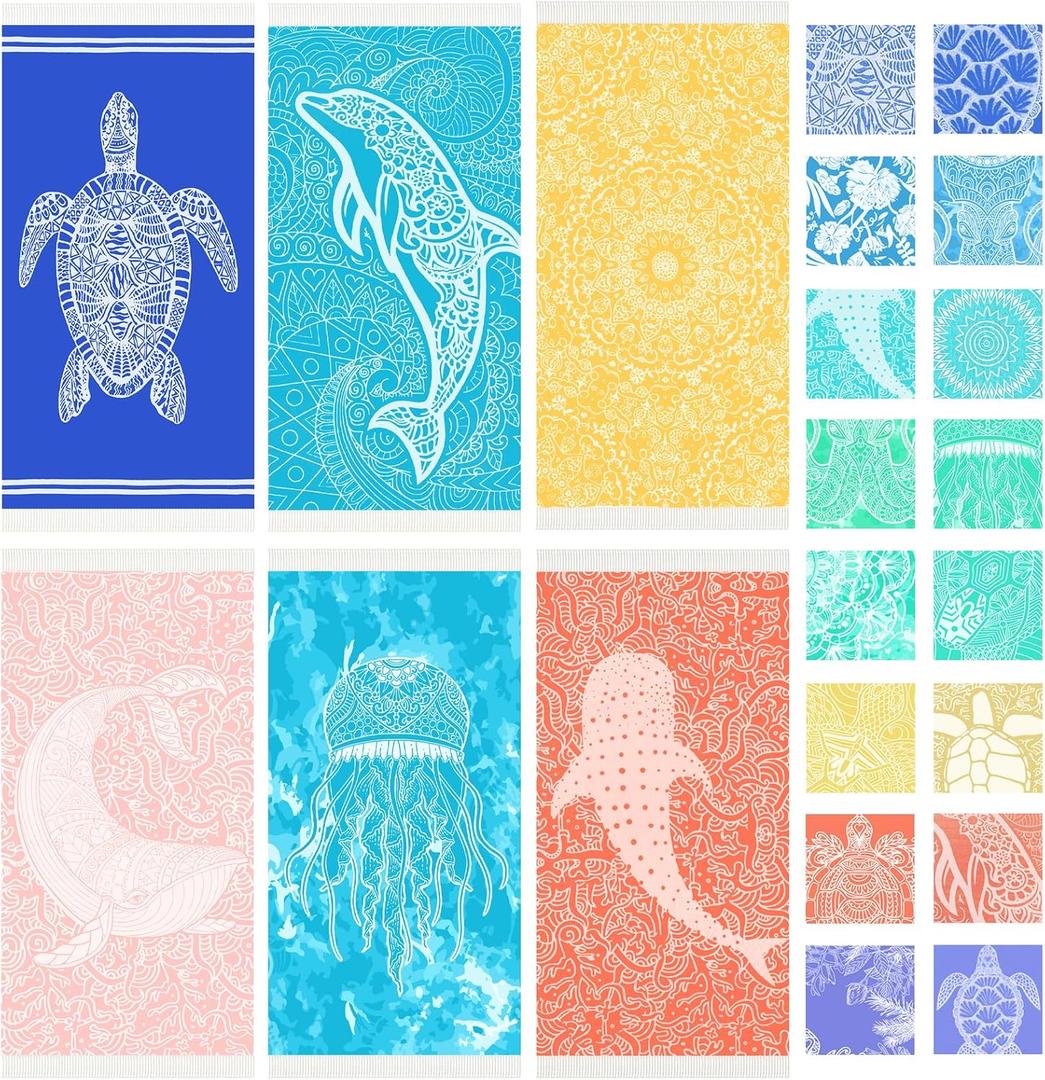 Thin Turkish Beach Towel Lightweight Soft Cotton Extra Large XL Oversized Sand Free Sandproof Absorbent Quick Dry Towels Cloud Bath Pool Travel Compact Essentials Accessories for Adult Gifts (Pack of 6, Ablue Turtle Dolphin Go)