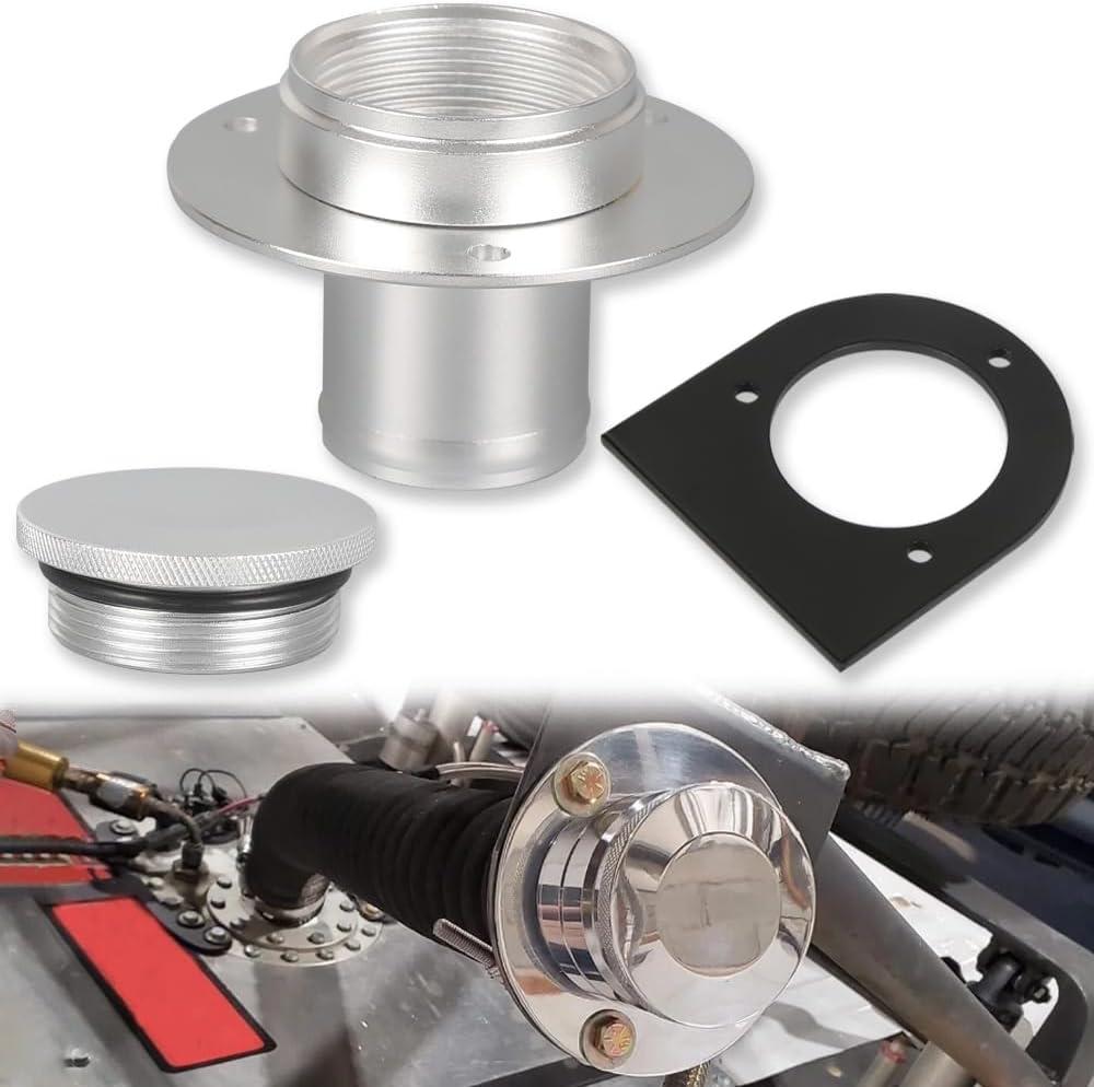 17-2530 Billet Aluminum Remote Fuel Tank Filler Neck Kit with Cap and Welded Steel Bracket, for 2" Fuel Hose and 2.00" Remote Fuel Cell Filler - Straight NeckSilver