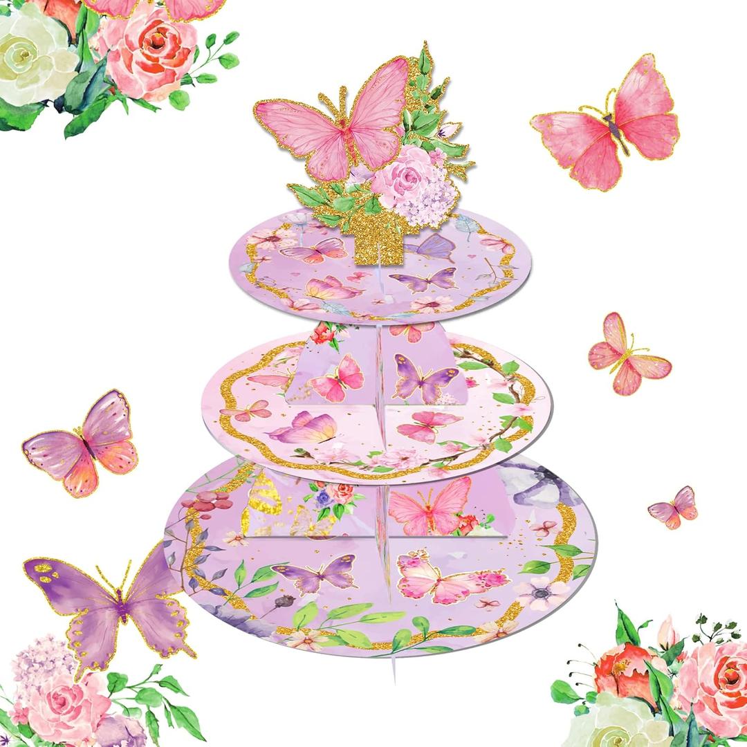 Butterfly Cupcake Stand 3 Tier Cake Stand for Kids Birthday Party Decorations Floral Theme Baby Shower Supplies