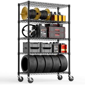 Steel Storage Shelving 5-Tier Utility Shelving Unit with Wheels, Steel Organizer Wire Rack for Home,Kitchen,Office,Garage, 1750 LBS Capacity 17.7" D x 47.2" W x 76.7" H (5 Tier 17.7"D x 47.2"W x 76.7"H, Black)