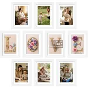 upsimples 5x7 Picture Frame Set of 10, Display Pictures 4x6 with Mat or 5x7 Without, Multi Photo Frames Collage for Wall or Tabletop Display, White