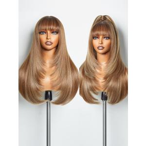 GORGIUS Highlight Straight Layered Wigs with Bangs Glueless Light Brown with Blond Highlights 22 Inch Wigs Crafted with Style-Archive Premium Fiber Natural Hairline