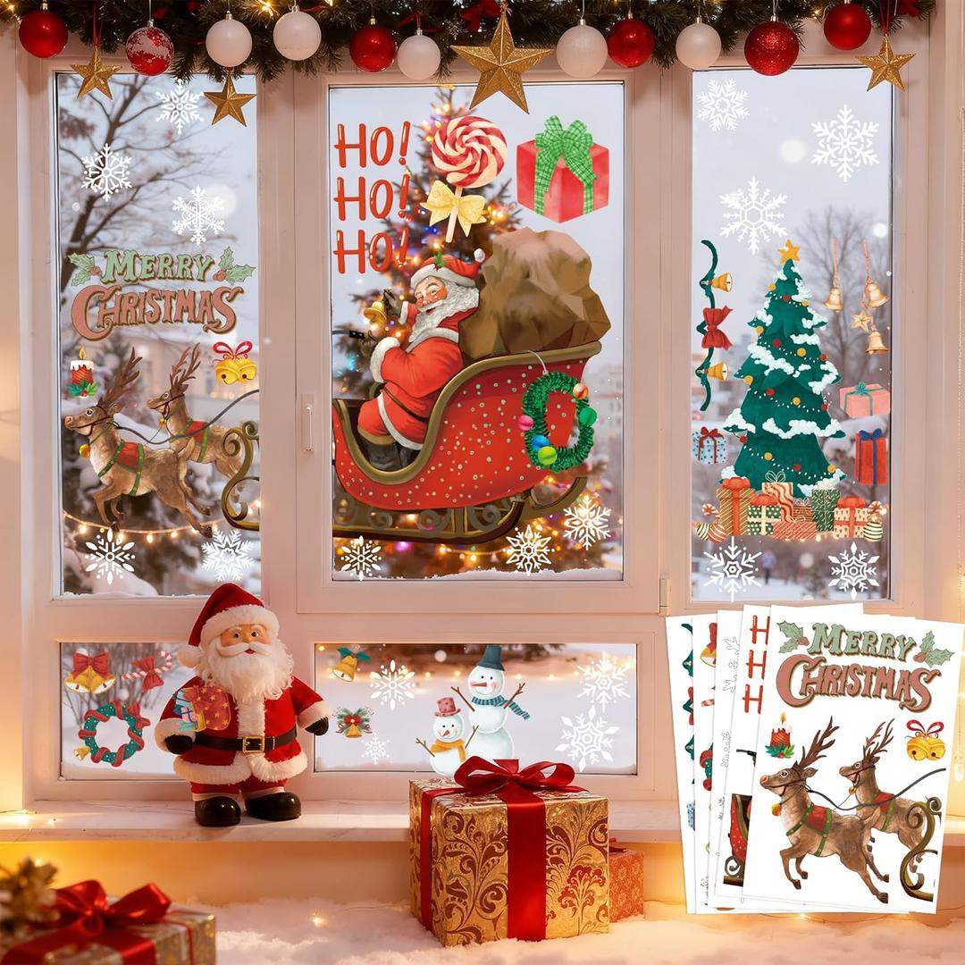 2 x Christmas Party Decorations - Snowflake Window Clings Stickers for Glass | Christmas Decorations Indoor Outdoor - Holiday Santa Claus Reindeer Decals Xmas Decor Party Favors Supplies for Outside 2025 (White Red)
