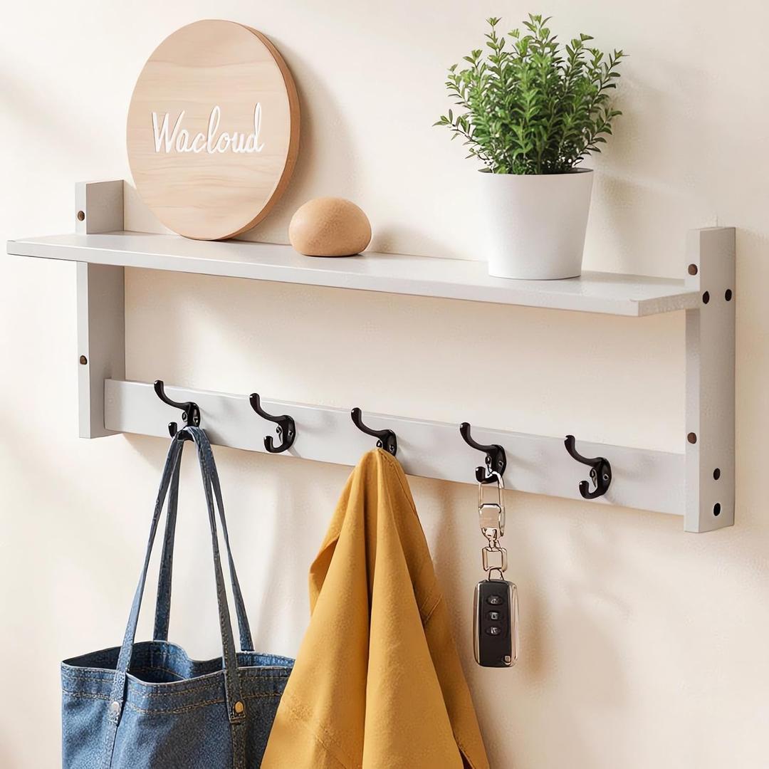 29Inch Wall Mounted Coat Rack with Hooks and Shelf - Large Rustic Wood Coat Hangers for Hats, Keys, Towels, Robes Functional Entryway Wall Organizer for Bathroom, Kitchen, Mudroom White