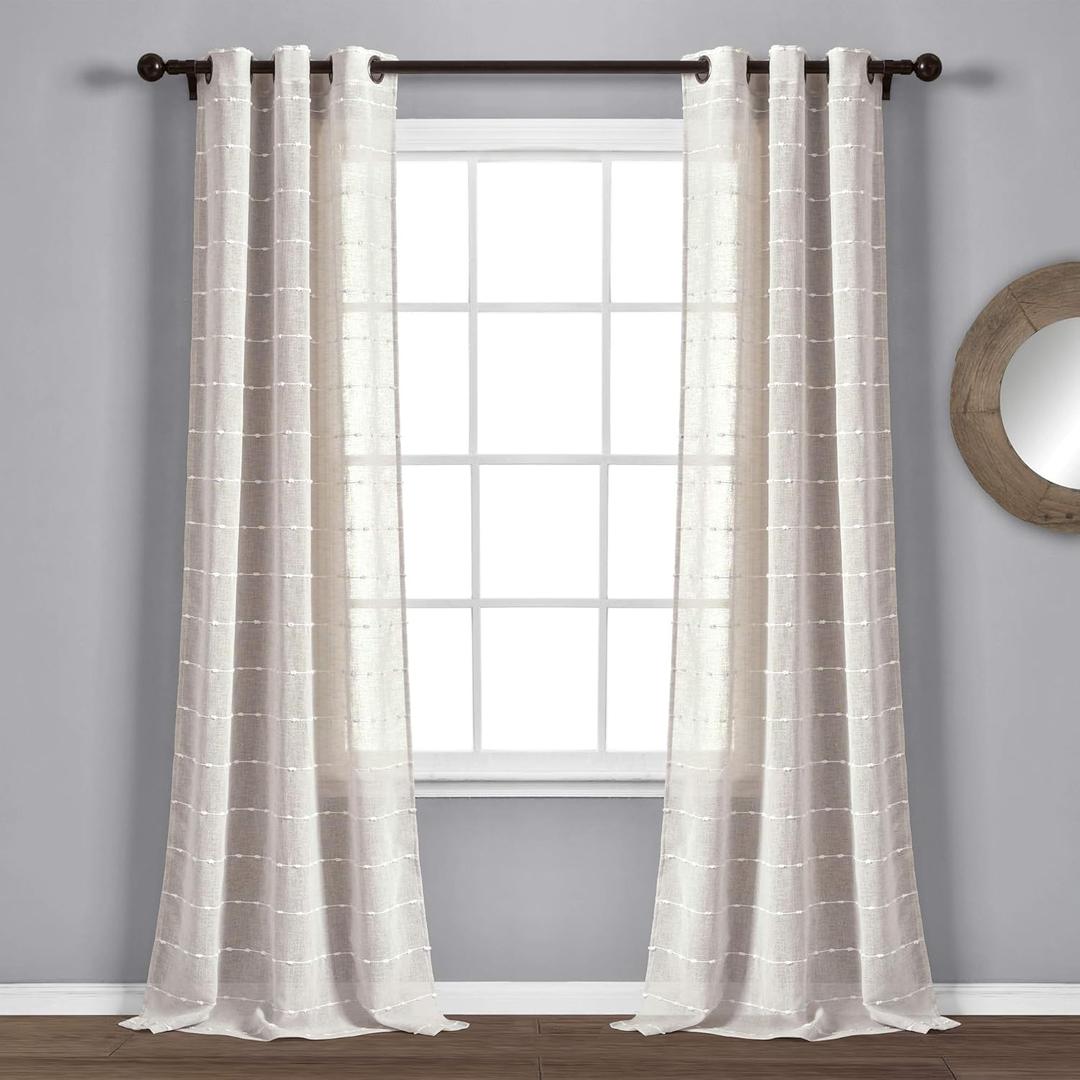 Lush Decor Farmhouse Textured Grommet Sheer Window Curtain Panel Pair, 38"W x 84"L, Beige