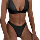 Bathing Suits for Women Deep V Neck Sexy Two Piece Bikini Sets for Women Thong Halter Cheeky Swimsuit (Large, Black)