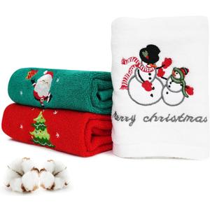 FreeCon Christmas Hand Towels 3 Pack, Cotton Dish Washcloth for Kitchen, Soft & Embroidered Bath Towel for Bathroom Super Absorbent, Cute Holiday Decoration Set for Home (13"29") (Large)