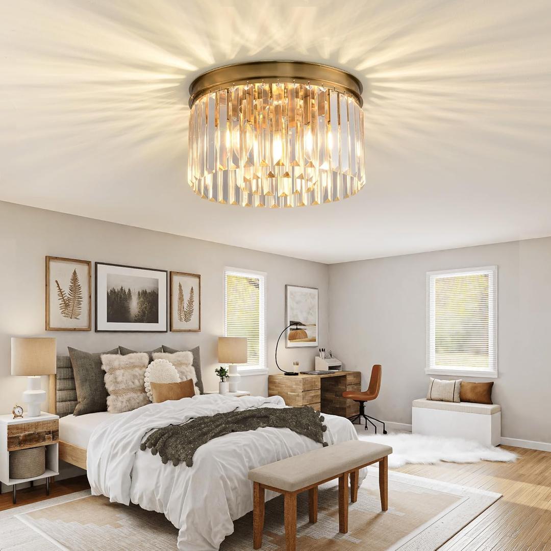 Flush Mount Ceiling Light, Crystal Ceiling Light, Modern Crystal Chandelier Ceiling Chandelier. Suitable for Living Room, Bedroom, Dining Room Island, Gallery Entrance. (Gold)