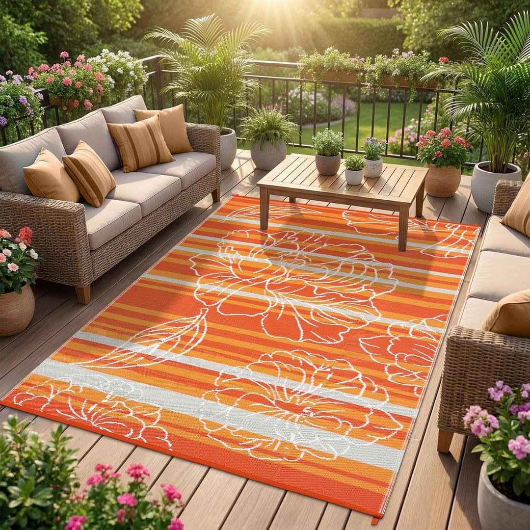 Garvee 5x8 Outdoor Waterproof Rug, Floral Outdoor Area RugReversible Plastic Straw Patio Rug, Portable Camping Mat for RV, Picnic, Beach, Balcony, Garden & Camping Orange