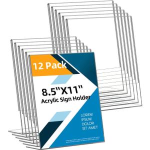 12 Pack Acrylic Sign Holder 8.5x11 Inches, Clear Plastic Table Paper Display Stand, L-Shape Vertical Menu Holder Stand, Clear Picture Photo Flyer Display Stand for Restaurants, Store, Office Desktop