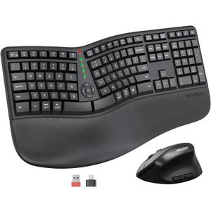 MEETION Ergonomic Wireless Keyboard and Mouse, Ergo Keyboard with Vertical Mouse, Split Cushioned Wrist Palm Rest, Natural Typing, Rechargeable, Full Size, Windows/Mac/Computer/Laptop, Black DirectorC (Large)