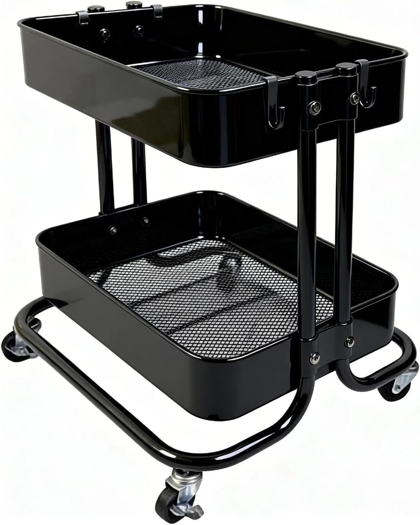 2 Tier Cart with Wheels Heavy Duty Metal Rolling Storage Cart for Under Desk Storage, Short Small Utility Shelf for Pantry Kitchen Bathroom Laundry, Home Organizer with Large Basket, Black