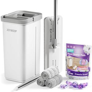 JOYMOOP Mop and Bucket Set with Freesia Scent Floor Cleaner Pods, Commercial and Household Flat Mop System with 3 Reusable Microfiber Pads and 15 Mop Soap Pods for Efficient Floor Cleaning