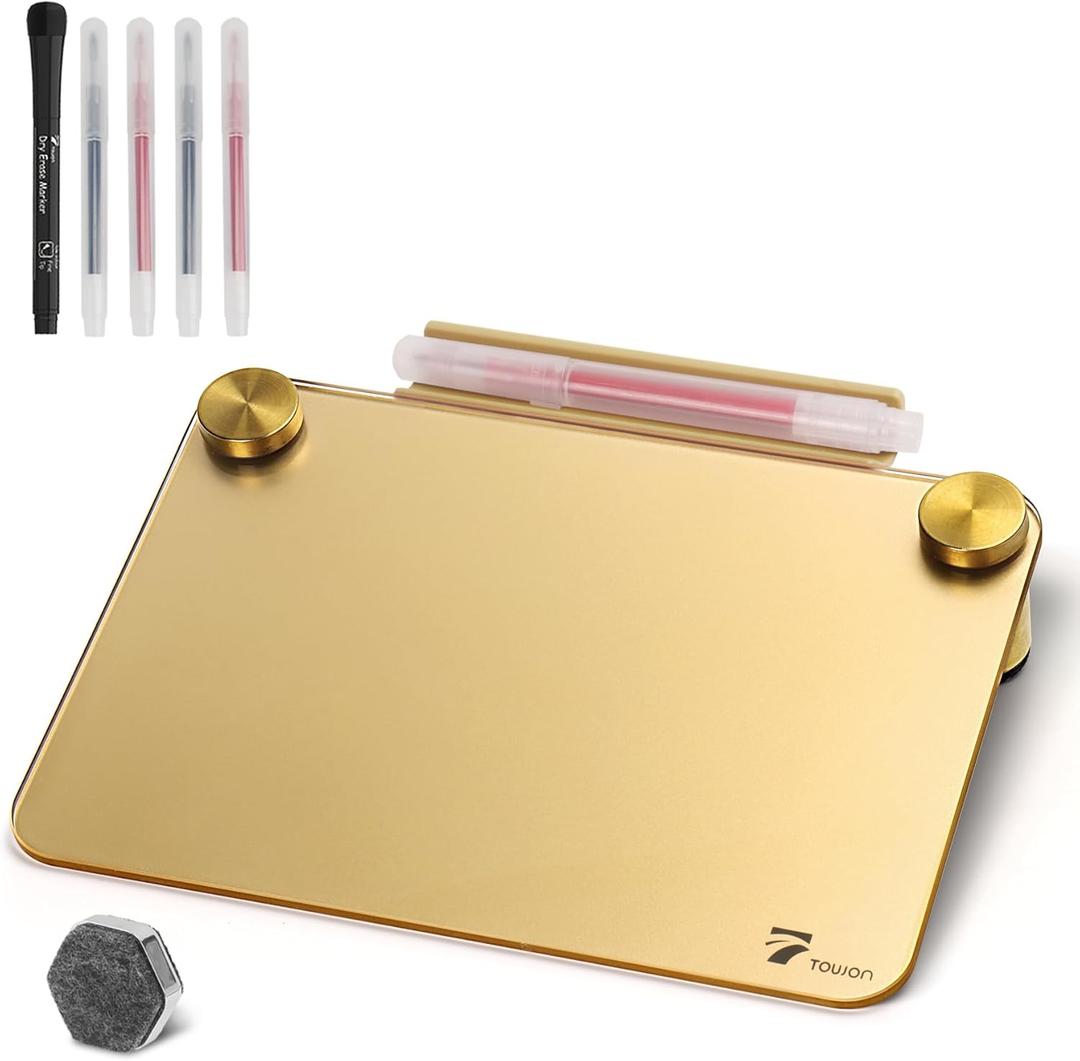 Gold Metallic Glossy Mirror Small White Board with Nail Support, Mini Desktop Glass Whiteboard, Desk White Board Dry Erase with Accessories, Stenography Artifact for Office Homeschooling Dcor, 8x6''