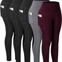 CHRLEISURE Leggings with Pockets for Women, High Waisted Tummy Control Workout Yoga Pants (X-Small, 5 Packs - Black/Black/Black/Grey/Cassis)