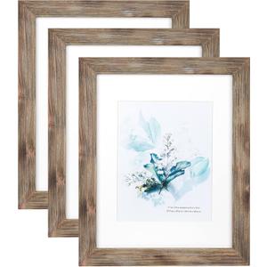 KAIWIN 100% Solid Wood Brown 11x14 Picture Frame 3 Pack Display Picture 8x10 with Mat, Rustic Wooden Photo Frames for Wall Mounting
