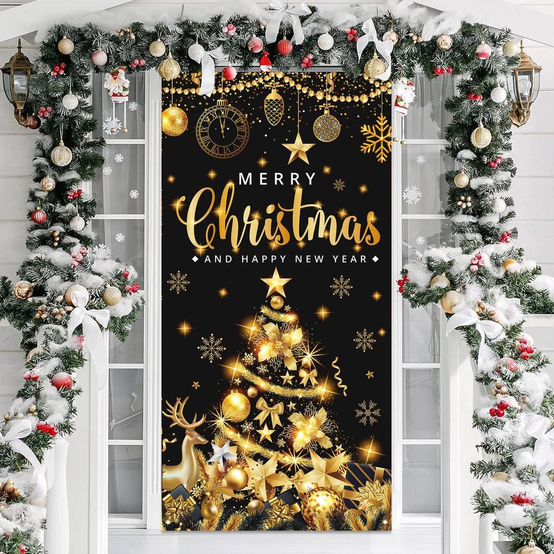 Large Size Merry Christmas & Happy New Year Party Banner, Black Gold, 71x35 Inches
