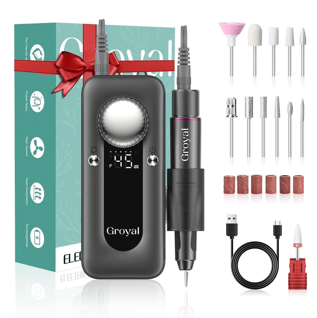 Electric Nail Drill 45000RPM Cordless Portable Rechargeable Nail Drill Kits for Acrylic Gel Nails (M202-Gray)
