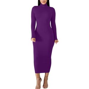 BORIFLORS Women's Sexy Basic Long Sleeve Turtleneck Bodycon Party Long Pencil Dress (Medium, Dark Purple)