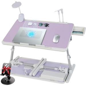 iXTRA Laptop Lap Desk Include Cooling Fan,Adjustable Lap Desk with Light Fan,Folding Laptop Desk for Bed with USB,Bed Desk with Storage Drawer 60x40cm,Purple