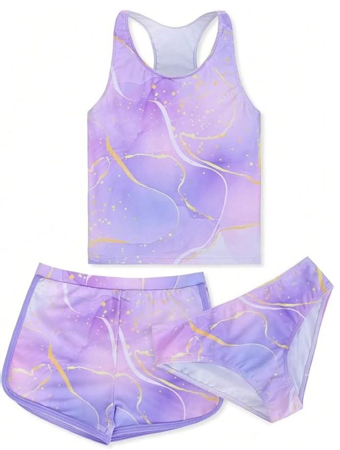 Sylfairy Girls 3 Piece Bathing Suit Summer UPF 50 Racerback Swimsuit With Shorts Beach Tankini Sets-9 Years