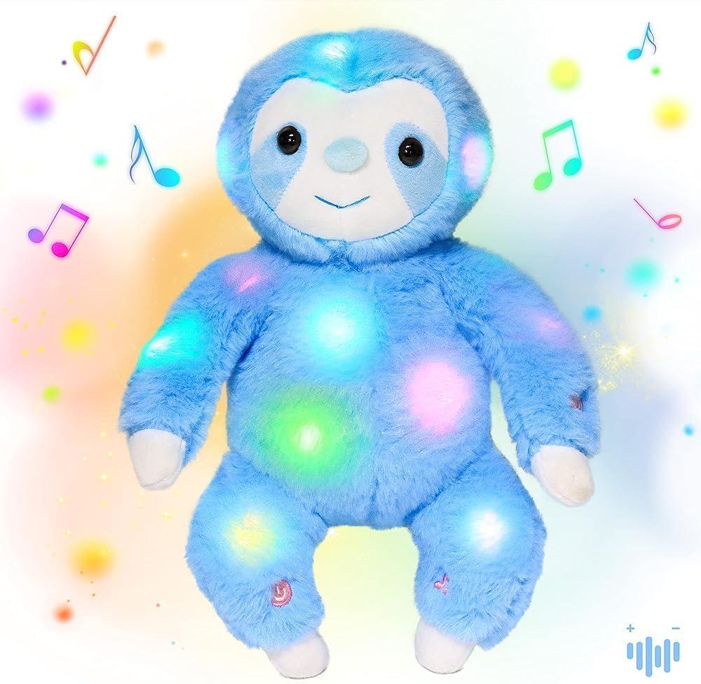 Hopearl LED Musical Plush Sloth Light up Stuffed Animal Three Toed Sloth Floppy Night Lights Glow in The Dark Birthday Festival for Kids Toddlers, Blue, 12.5''