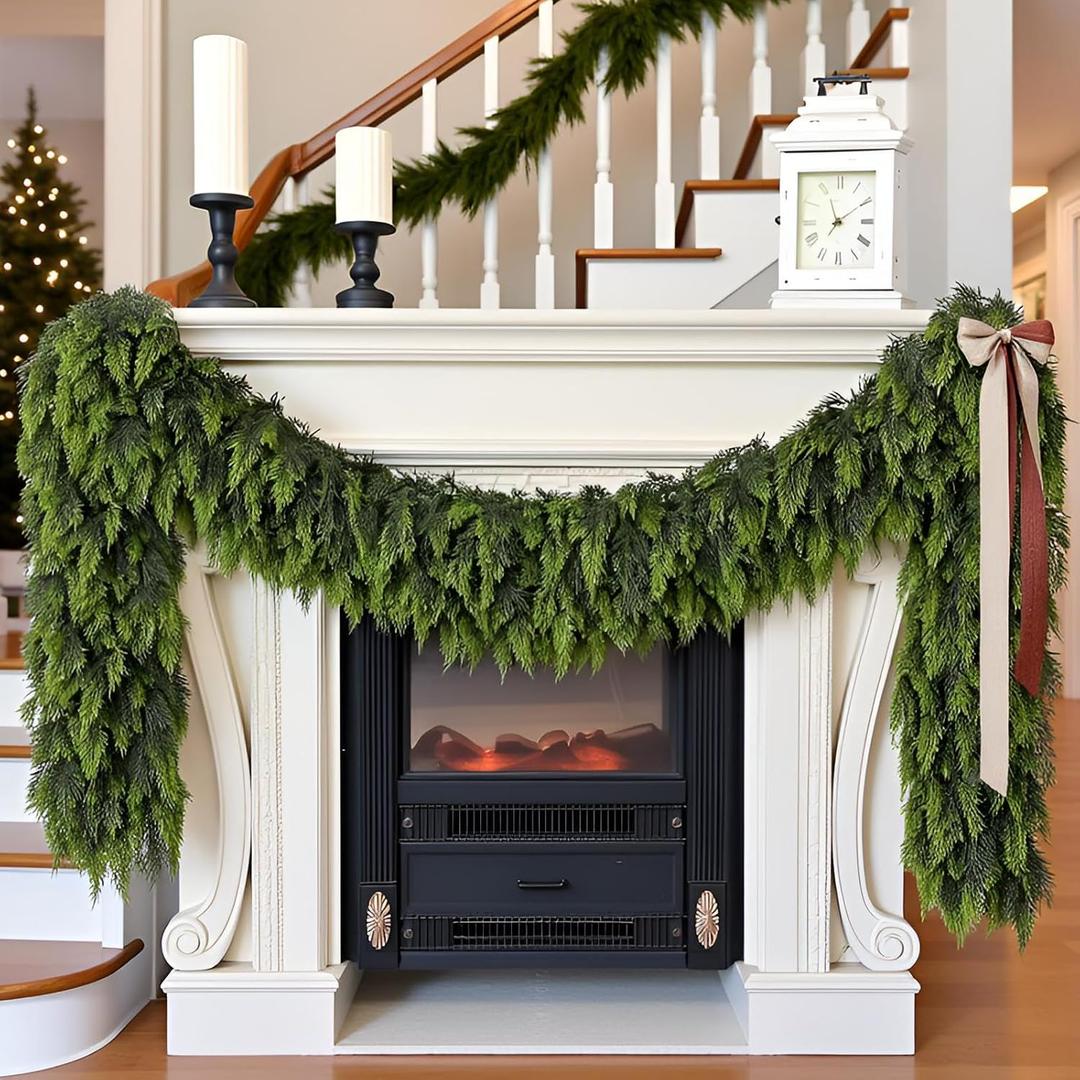 6 Ft Christmas Cedar Garland: Artificial Real Touch Soft Thick Green Wreath for Outdoor Indoor Home Front Mantle Fireplace Decorations